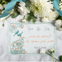 Vintage Birds Turquoise Orange Damask Wedding