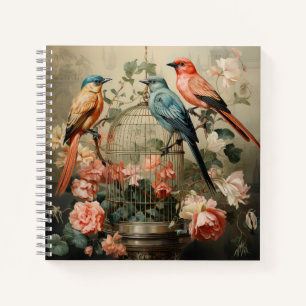 Vintage Birds, Victorian Bird Cage, Peach Florals Notebook