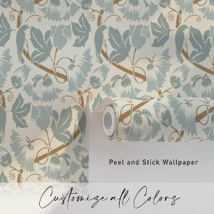 Vintage Birds & Vines Blue Taupe Wallpaper
