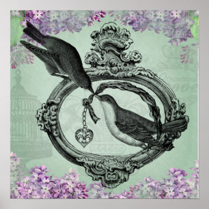 Vintage Birds With Heart Locket Apparel and Gifts Poster