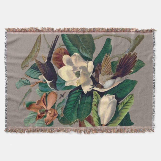  Vintage Birds with Magnolia Throw Blanket (Front)