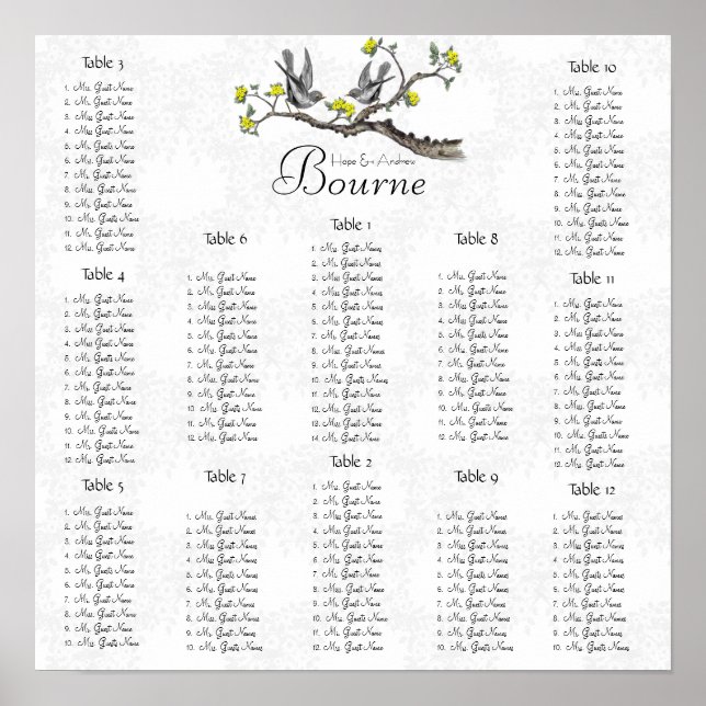 Vintage Birds Yellow Bloom Seating Chart 12 Tables (Front)