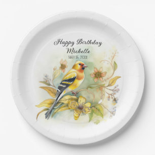 Vintage Birds Yellow Goldfinch Happy Birthday Name Paper Plate