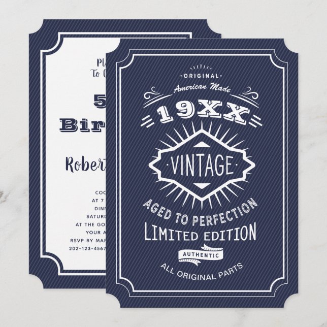 Vintage Birth Year Blue Birthday Party Invitations (Front/Back)