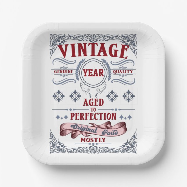 Vintage Birthday Aged to Perfection Classical Typo Paper Plate (Front)