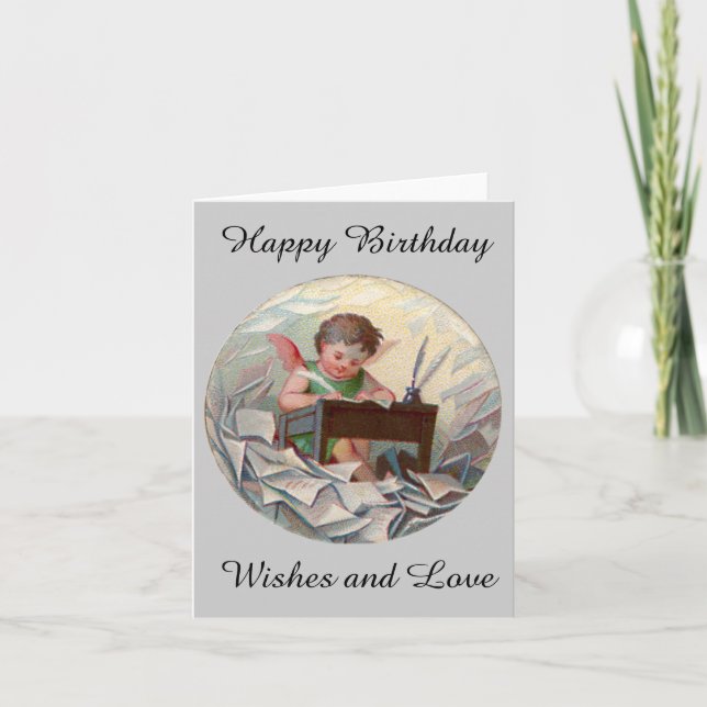 Vintage Birthday Angel Child Writing at Desk Card (Front)