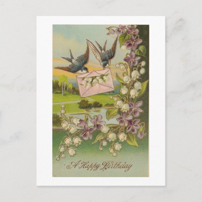 Vintage Birthday Birds Purple Flowers Postcard (Front)