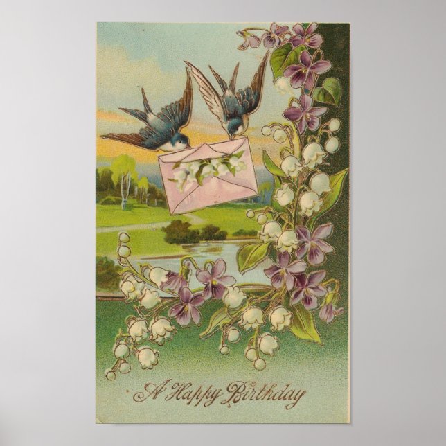 Vintage Birthday Birds Purple Flowers Poster (Front)