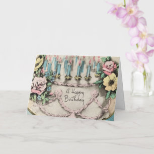 Vintage Birthday Cake with Flowers and Candles Card