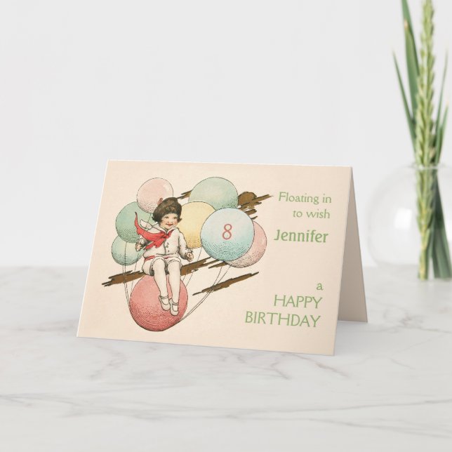 Vintage birthday girl floating on balloons card (Front)