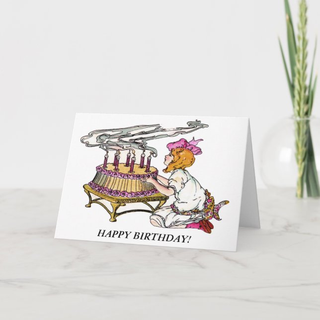 Vintage Birthday Girl with Cake Card (Front)
