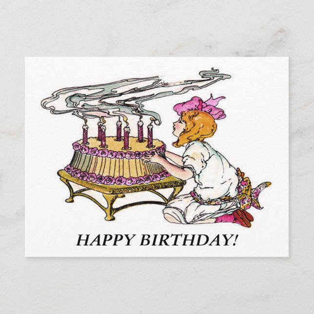 Vintage Birthday Girl with Cake Postcard (Front)