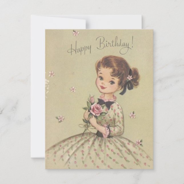 Vintage Birthday Girl With Flowers Holiday Card (Front)