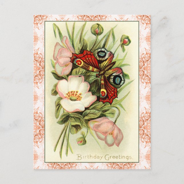 Vintage Birthday Greetings: Flowers & Butterfly Postcard (Front)
