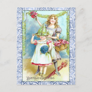 Vintage Birthday Greetings & Two Girls Postcard