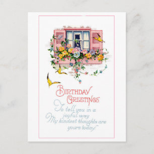 Vintage Birthday Greetings Window Flowers Postcard