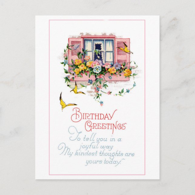 Vintage Birthday Greetings Window Flowers Postcard (Front)