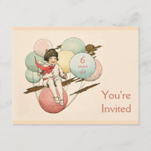 Vintage birthday invitation girl on balloons