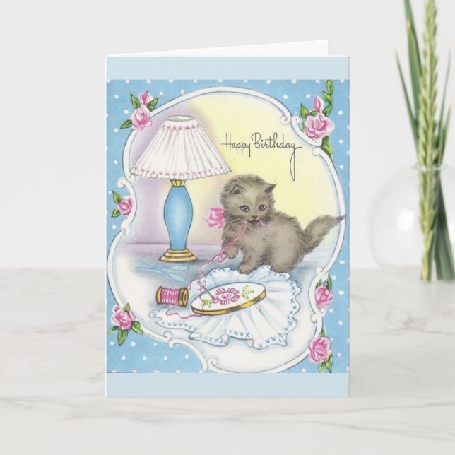 Vintage Birthday - Kitten & Embroidery Thread, Card (Front)