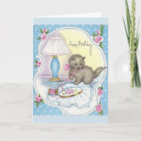 Vintage Birthday - Kitten & Embroidery Thread,