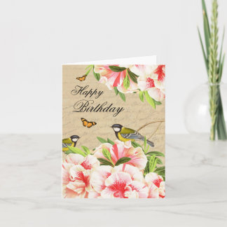 Vintage birthday note card with birds and flowers