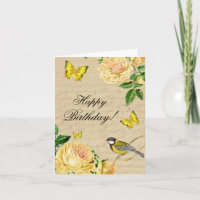 Vintage birthday note card with roses and bird