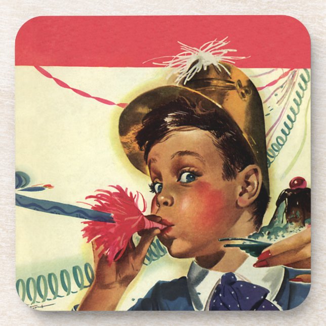 Vintage Birthday Party, Girl with Noise Maker Coaster (Front)