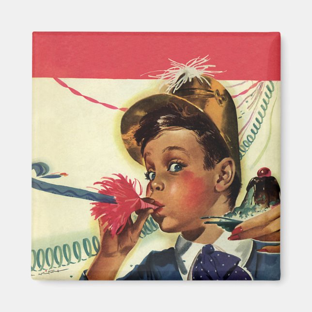 Vintage Birthday Party, Girl with Noise Maker Magnet (Front)