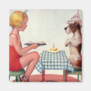 Vintage Birthday Party, Girl with Pet Puppy Dog Magnet