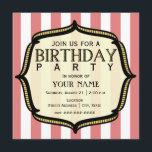 Vintage Birthday Party Invitation<br><div class="desc">A vintage circus inspired birthday party invitation featuring a background of faded red and white stripes on front and back.  front features decorative golden bracket frame outlined in black.  Customise with details of your occasion. 



 



 



 


com</div>
