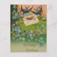 Vintage Birthday Postcard Birds and Flowers