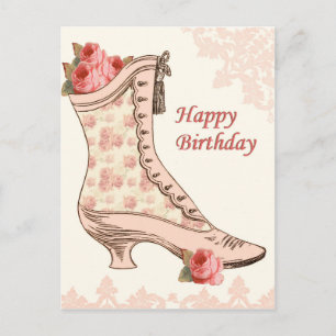 Vintage birthday postcard with shoe and roses