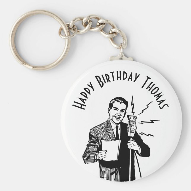 Vintage Birthday Radio Announcer Key Ring (Front)