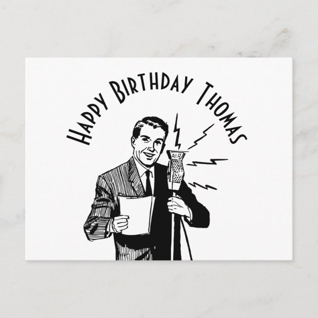 Vintage Birthday Radio Announcer Postcard (Front)
