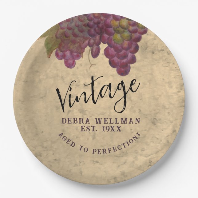 Vintage Birthday Rustic Vineyard Wine Country Paper Plate (Front)