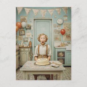 Vintage Birthday Surprise Kitchen Scene Postcard