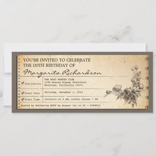 vintage birthday ticket invitations (Front)