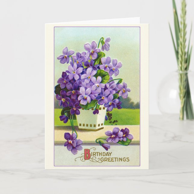 Vintage Birthday Wishes Purple Pansy Flowers Card (Front)