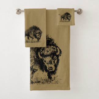 Vintage Bison Print Western Bath Towel Set