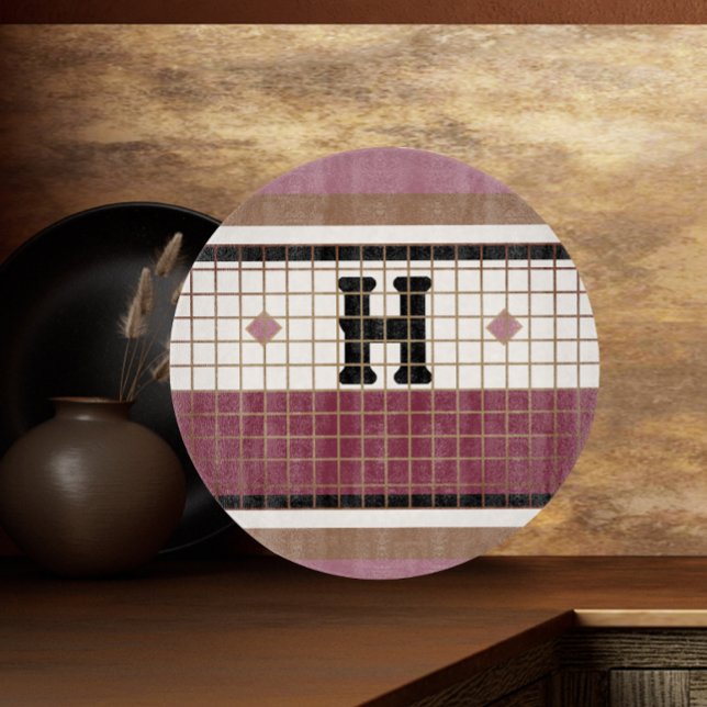 Vintage Bistro Tile Cranberry and Gold Monogram Cutting Board (Creator Uploaded)