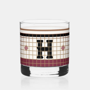 Vintage Bistro Tile Cranberry and Gold Monogram Whiskey Glass