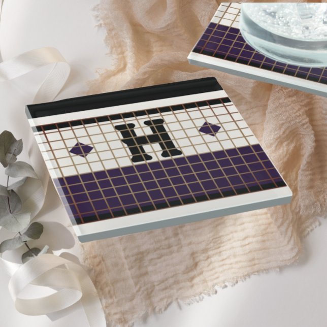 Vintage Bistro Tile Purple and Gold Monogram Glass Coaster (Creator Uploaded)