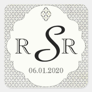 Vintage Black and Cream Diamond Wedding Monogram Square Sticker