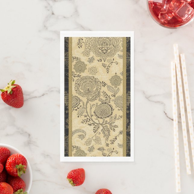 Vintage Black and Gold Damask Wedding Napkin (Insitu)