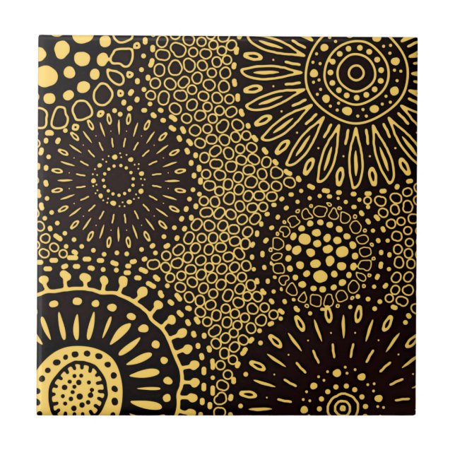 Vintage Black and Gold Ethnic Floral Art Tile (Front)