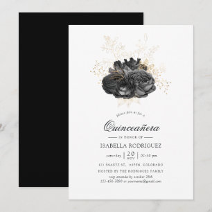 Vintage Black and Gold Floral Quinceañera Invitation