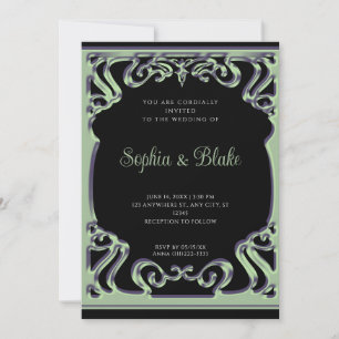 Vintage Black and Green Elaborate Art Deco Wedding Invitation