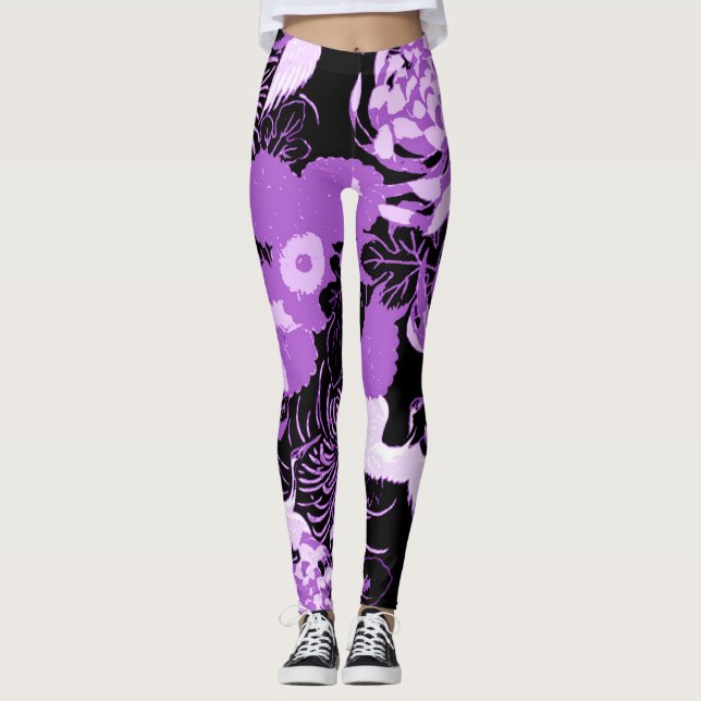 Vintage black and purple flowers and birds leggings (Front)