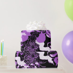 Vintage black and purple flowers and birds wrapping paper