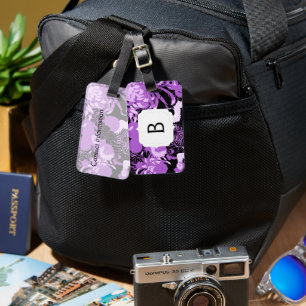 Vintage black and purple flowers & birds Monogram Luggage Tag